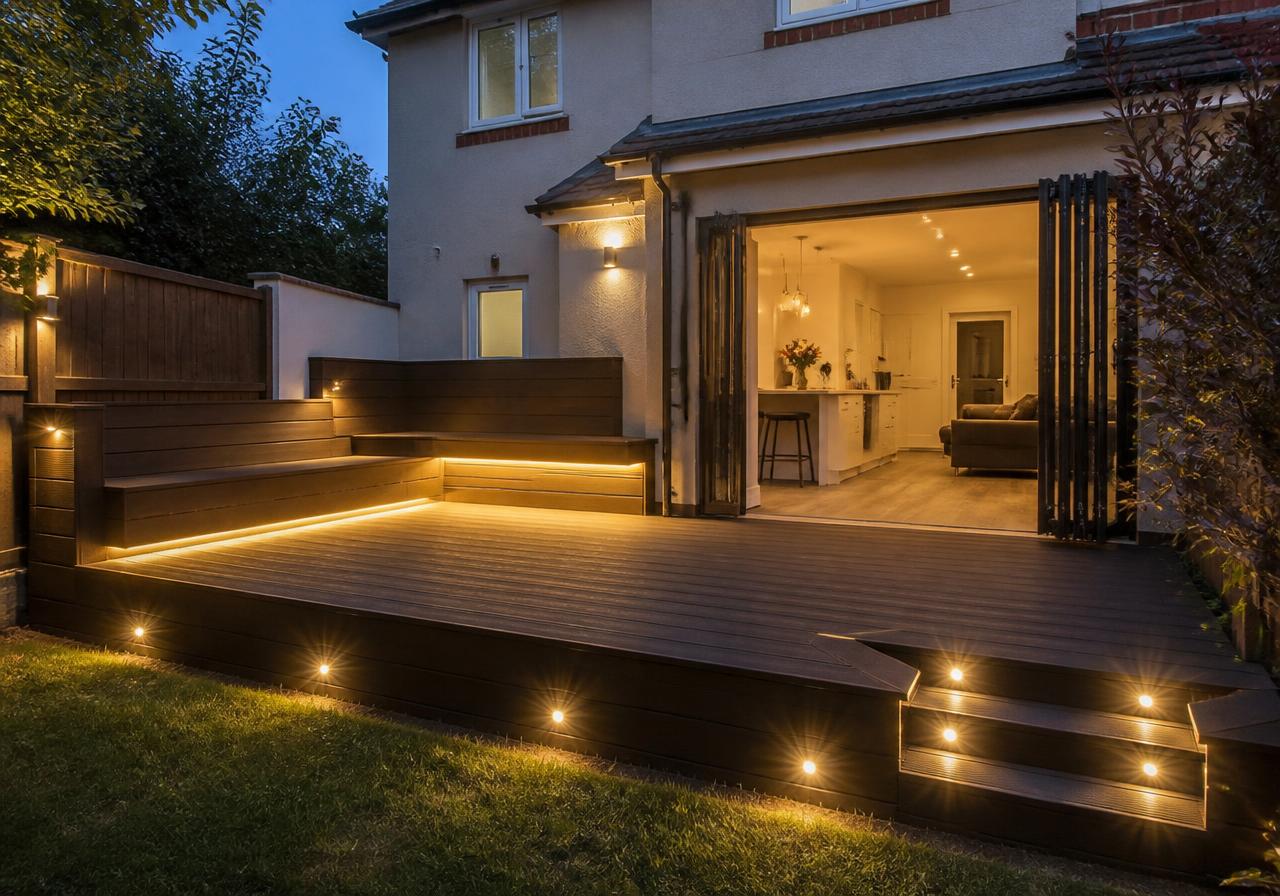 Dark composite decking with built-in bench and LED lighting at dusk