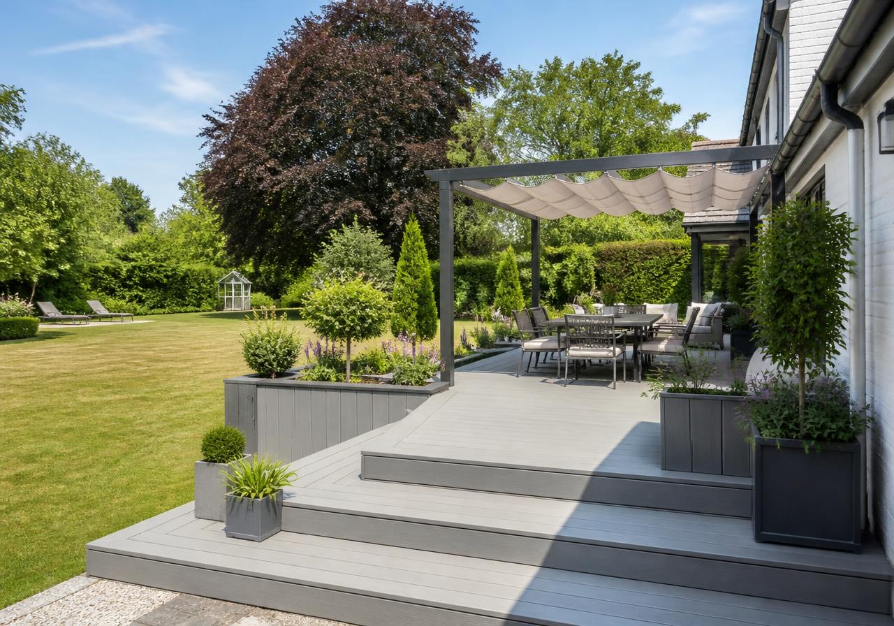Multi-level grey composite decking with a pergola and dining set in a large country garden