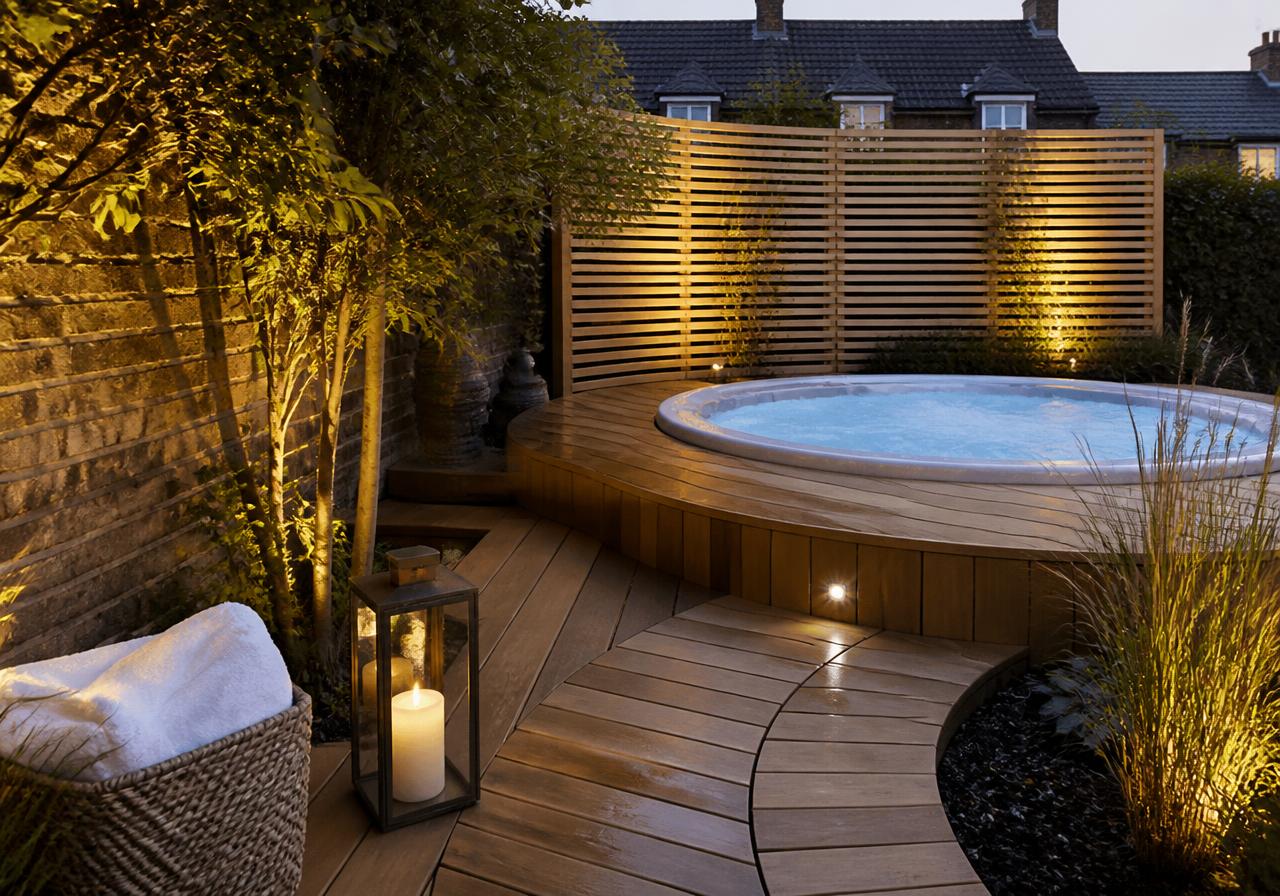 Curved timber decking around a hot tub with slatted privacy screen at dusk
